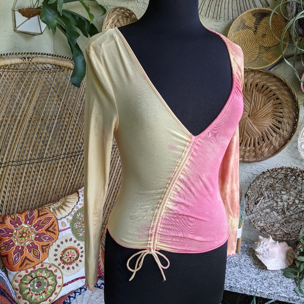 Free People XS Tie Dye Long Sleeve Top Asymmetrical Drawstring Tee